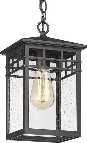 Outdoor Pendant Light Lanterns for Front Porch, Black Exterior Hanging Light Fixtures with Seeded Glass Shade for Patio, Entryway, Garage, Gazebo, RZ009-H BK