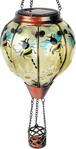 Hot Air Balloon Solar Lantern with Flickering Flame, Glass Hanging Garden Lights Outdoor Waterproof for Tree Yard Patio Mother's Day Gift, 18" H Bee