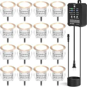 HIBOITEC Low Voltage Deck Lights Recessed Kit with Transformer Dimmable Timer and Photocell Sensor Outdoor LED Deck Lighting IP67 Waterproof 2700K for Stair Step Outdoor Garden Yard 16 Packs