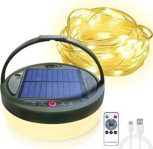 Camping String Lights, 39Ft Fairy Strip, Solar & USB Rechargeable Portable Tent Lantern with Remote Control & 5 Lighting Modes for Hiking, Night Trip, Events Decoration Indoor Outdoor IP44 Waterproof