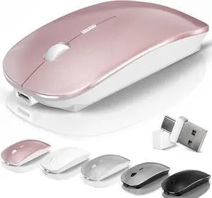 Mouse for Laptop Wireless Bluetooth - MacBook Air Mac Pro PC iPad Optical Rechargeable Silent Mouse with Jiggler Dual Mode Switch Bluetooth 5.2/3.0 and 2.4GHz USB-A and Type-C Receiver Rose Gold