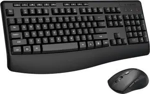 Wireless Keyboard and Mouse Combo, E-YOOSO 2.4GHz Full Sized Ergonomic Wireless Keyboard with Wrist Rest, 3 DPI Adjustable and 6 Buttons Cordless USB Mouse for Computer, Laptop, PC, Windows (Black)