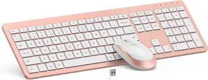 Wireless Keyboard and Mouse Combo - Full Size Slim Thin Wireless Keyboard Mouse with Numeric Keypad 2.4G Stable Connection Adjustable DPI - Rose Gold & White
