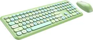 Wireless Keyboard and Mouse Combo, 2.4GHz Full-Sized Colorful Cute Keyboard Mouse Set with Retro Typewriter Flexible Round Keys for Windows, Computer, Laptops, PC Green Colorful