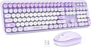 Wireless Keyboard and Mouse Combo, 2.4GHz Retro Full-Sized Keyboard and Wireless Quiet Mouse for Office PC Desktops Laptops Computer, Cute Bunny Theme, Purple