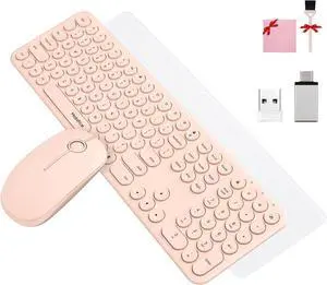Cute Keyboard and Mouse Wireless for PC Computer/Laptop/Windows/Mac/Tablets, Ultra-Thin 2.4GHz USB Cordless Full-Sized Silent Retro Computer Keyboard Mouse Combo (Pink)