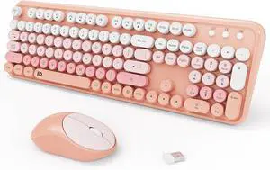 Wireless Keyboards Mouse Combos, Colorful Cute Typewriter Full-Size Retro Round Keycaps, 2.4GHz Cordless Sleep Mode Office Quiet Wireless Keyboard and Mouse Set for Desktop Laptop PC Computer