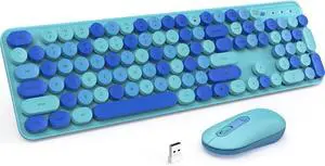 Wireless Keyboard and Mouse, LIZRROT Silent Keyboard Mouse Combo, Full-Sized Colorful Typewriter Keyboard with Round Keycaps, 2.4G Cute Mouse Compatible with PC/Laptop/Computer(Blue)