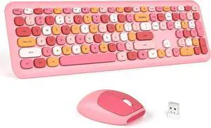 Wireless Keyboard and Mouse Combo - MOFII Pink Full-Sized Plug and Play Colorful Keyboard - Silence Keycap Keyboards with USB-A 2.4G Receiver, for Laptop, Windows, PC, Desktop