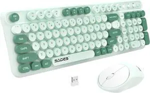 Wireless Keyboard and Mouse,Cute Retro Typewriter Computer Keyboard and Mouse Sets,Full Size 2.4G Cordless Colorful Round Keycaps Keyboard with Silent Mouse for PC Windows Laptop Office-Multi Green