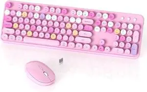 Colorful Wireless Keyboard and Mouse Combo, COVEVA 2.4GHz Wireless Retro Cute Round Keycaps Keyboard, 104 Keys Full-Sized Keyboard Mouse Set with Switch Button for PC Laptop Desktop (Pink Colorful)