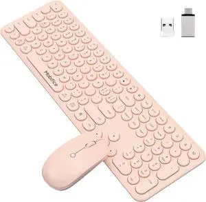 Cute Wireless Keyboard and Mouse Combo,2.4Gstable connection Cordless Full Size Pink Quiet Keyboard Mouse Set Retro Round keycap Computer Keyboard with numeric keypad Compatible for Mac,Windows,Laptop