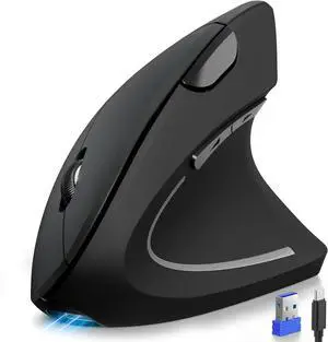 TECKNET Ergonomic Mouse, Rechargeable 2.4G+Bluetooth Vertical Mice 6 DPI Adjustable, Wireless Optical Carpal Tunnel Mouse for Right Hand, Silent 6 Buttons for Laptop, PC, MacBook, iPad - Black