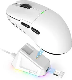 Ajazz AJ159 Dual Mode 2.4G/USB-C 56g Lightweight Gaming/Office Mouse with PAW3395 Sensor, 5 Programmable Buttons Up to 26KDPI with Magnetic Charging Dock for PC/Laptop/Win/Mac (White)