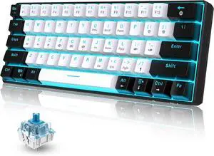 Snpurdiri 60% Wired Mechanical Gaming Keyboard, Ice Blue LED Backlit 61 Keys Mini Wired Office Keyboard for Windows Laptop PC Mac (Black-White, Blue Switches)