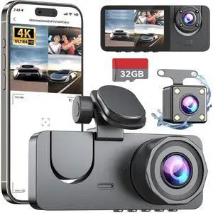 Dash Cam Front and Rear Inside,4K Full HD 3 Channel Dash Camera for Cars, Free 32GB Card, 2'' IPS Screen Dashcam with Night Vision, G-Sensor, 24H Parking Mode, 170°Wide Angle, Loop Recording