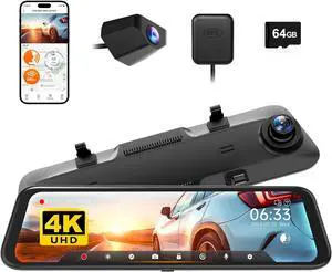 WOLFBOX 12" 4K Rear View Mirror Camera with 5.8GHz WiFi and Voice Control, Smart Mirror Dash Cam Front and Rear, Backup Camera with 1080P Rear Camera, Dash Cam with WDR, Includes 64GB Card & GPS