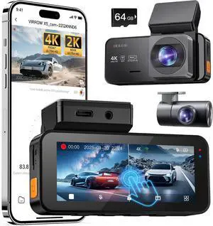 Dash Cam Front and Rear: 4K+2K Dash Camera for Cars - Dashcam Built-in WiFi APP Control 64GB Included 3.39" Touchscreen 24H Parking Monitor WDR Night Vision Loop Recording Collision Detection(X5)