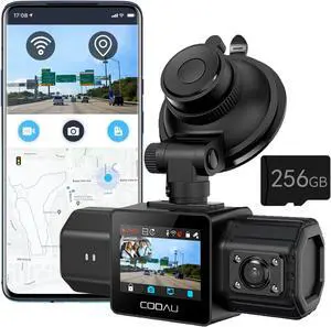 COOAU D20 Dual Dash Cam Front and Inside with 256GB Card & WiFi GPS, 2.5K 1080P Dash Camera for Cars, Dashcam Perfect for U-BER and Taxi Drivers, Night Vision, G-Sensor, 24Hr Parking Mode