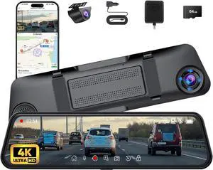 4K + 2.5K Mirror Dash Cam, 12'' Smart Rear View Mirror Camera with with IMX415 Sensor, WiFi, ADAS, BSD, GPS, Full HD Touch Screen, APP Control, Night Vision, Parking Monitoring, Free 64GB Card