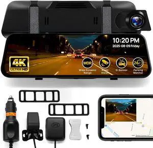 RIVELA 4K Mirror Dash Cam - 10 Touchscreen Digital Rearview Mirror with GPS Tracker, G-Sensor, Loop Recording, Night Vision, 170° - Wide Angle, Backup Camera for Cars & Trucks, and Easy Installation