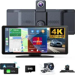 Wireless Carplay Screen for Car 10.26" 4K 360 Rotation Dash Cam Carplay&Android Auto Car Stereo 1080p Backup Camera GPS Navigation/Mirror Link/Voice Control/Siri/FM Satellite Radio Receiver