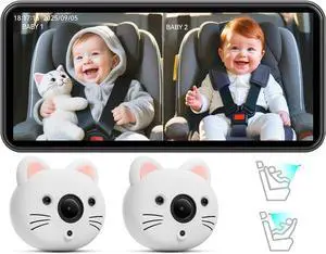 Baby Car Camera for 2 Kids  6.9 IPS Split-Screen Monitor with Dual 1080P HD Rear-Facing Car Seat Cameras, Cute Replaceable Cat Covers, Night Vision, Type-C Power, Easy Install for Twins or Siblings