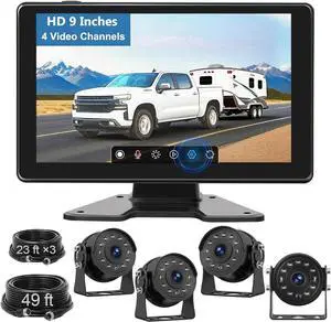 RV Backup Camera System Wired for Truck, 4 Channel 9-Inch Full Touch IPS Quad Split Monitor, with 1080P DVR Recording Waterproof IR Night Vision Rear View Cameras for Truck, Trailer, RV, Van, Pickup