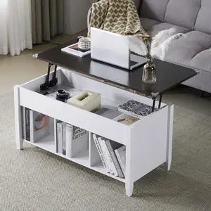 VINGLI Lift Top Coffee Table, White, with Storage Shelf/Hidden Compartment, Gas Lifting Mesa De Centro para Sala Pop Up Coffe Table