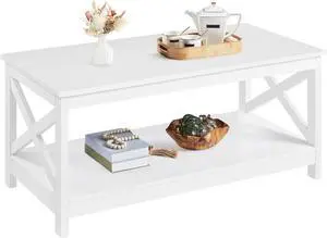 Yaheetech Wood 2-Tier White Coffee Table with Storage Shelf for Living Room, X Design Accent Cocktail Table, Simple Design Home Furniture, 39.5 x 20 x 18 Inches