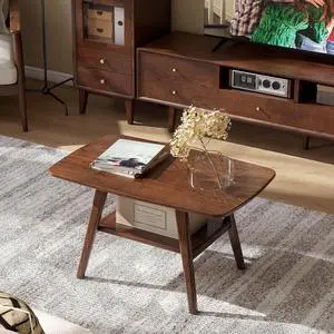 100% Solid Wood Coffee Table for Living Room, 31.5" Small Tables with Shelf Storage, Mid Century Modern Storage Coffee Table with Rounded Corners (Oak Wood Walnut Color)