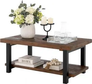 Alaterre Furniture Pomona Coffee Table with Storage Shelf-Industrial Modern Metal, Solid Wood, and Easy Assembly Farmhouse Living Room Furniture, 42-Inch, Rustic Natural