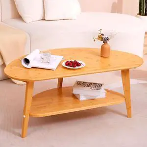 Mid-Century Modern Coffee Table for Living Room, 100% Solid Wood Oval Coffee Table, 2 Tier Wooden Coffee Tables for Home Office Livingroom, 40.2 x 22 Inches Easy Assemble (Natural)