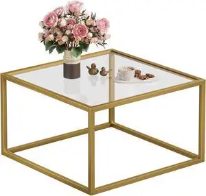 SAYGOER Glass Coffee Table Modern Coffee Tables for Living Room Square Minimalist Center Tables for Home Office 26.7 x 26.7 x 17.7, Gold