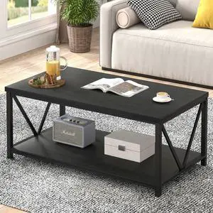 EXCEFUR Small Coffee Table, Modern Living Room Tables with Storage Shelf, Rustic Wood Rectangle Center Table, 2 Tier Wooden Low Cocktail Tea Table for Small Spaces, 39.3 Inch Black Oak