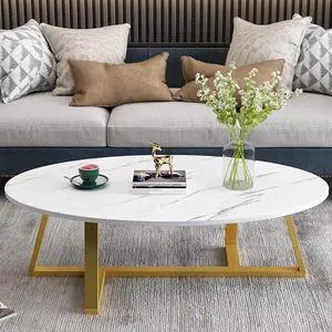 Coffee Table White Faux Marble Coffee Table for Living Room,Oval Center Tables Modern Tea Table for Small Space,Wooden Living Room Tables End Table with Sturdy Gold Metal Leg