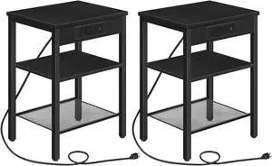 HOOBRO End Table Set of 2 with Charging Station and USB Port, 3-Tier Nightstands with Adjustable Shelf, Small Side Tables for Small Space in Living Room, Bedroom and Balcony, Black BB112BZP201