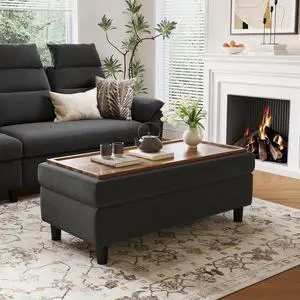 LINSY HOME 46 Inches Wide Storage Ottoman Bench, Linen Coffee Table Long Shoes Bench Footstool, Storage Chest, Foot Rest Stool, for The Living Room, Entryway and Family Room, Dark Gray
