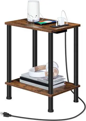 HOOBRO Side Table with Charging Station, End Table with USB Port and Outlet, Nightstand with 2-Layer Storage Shelves for Small Spaces, Living Room, Bedroom, Stable Frame, Rustic Brown BF09UBZ01