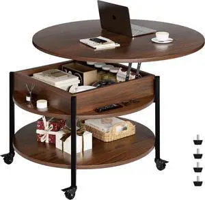 FABATO Round Lift Top Coffee Table With Wheels, 26.77'' Rolling Center Table With Storage and Compartment for Living Room, 2 Tier Small Circle Dining Table, Espresso