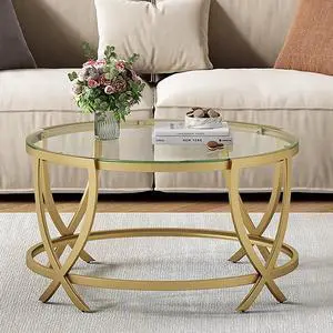 ASYA Round Coffee Table for Living Room, Gold Coffee Table with Tempered Glass & Metal Frame, Modern Glass Living Table for Home&Office