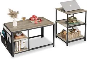 WLIVE Coffee Table, Adjustable Coffee Table Set of 2, Small End Table for Living Room, Bedroom, Grey