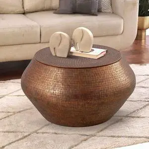 Modern Cylindrical Aluminum Hammered Embossed Texturing, Metal Drum Coffee Table with Removable Lid for Storage,Fully Assembled, for The Living Room and Bedroom, Copper