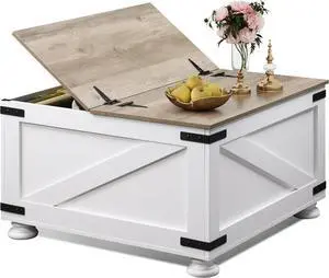 WLIVE Farmhouse Coffee Table, 31.5" Square Wood Center Table with Flip-Top Lids and Large Hidden Storage Compartment for Living Room, Bedroom, White
