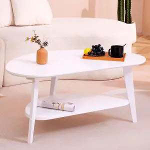Mid-Century Modern Coffee Table for Living Room, 100% Solid Wood Oval Coffee Table, 2 Tier Wooden Coffee Tables for Home Office Livingroom, 40.2 x 22 Inches Easy Assemble (White)