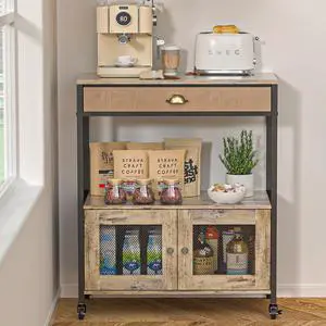 X-cosrack Large Coffee Bar Cabinet3 Tiers Kitchen Coffee Cart with Drawer for The Home, Movable Farmhouse Station Table on Wheels for Living Room, Entryway, Dining Room, Kitchen