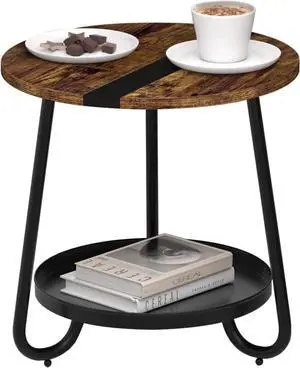 2 Tier Coffee Table in Living Room, Industrial Style Round Coffee Table with Metal Tray, Wood Small Outdoor Coffee Table for Bedroom Balcony Patio, Rustic Brown