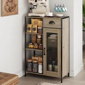 X-cosrack 3 Tier Coffee Bar Table with Storage Drawer, 35.8" H Adjustable Shelf Farmhouse Coffee Stand Station Table for Corner, Kitchen, Dining, Liquor Cabinet Rustic Wood Coffee Table-Grey