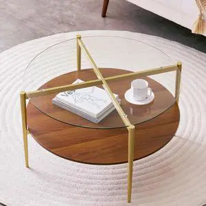 Round Coffee Table, Mid-Century Modern Design, D30 x H17, for Living Room, 2-Tier Structure, Clear Glass Top and Walnut MDF Shelf, Sleek Conical Metal Legs with Gold Finish