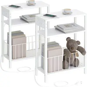 Narrow Side Table with Charging Station Set of 2, Small End Table for Small Spaces, Slim Nightstand with Storage Basket, 3 Tier Skinny Bedside Table for Living Room, Bedroom, White